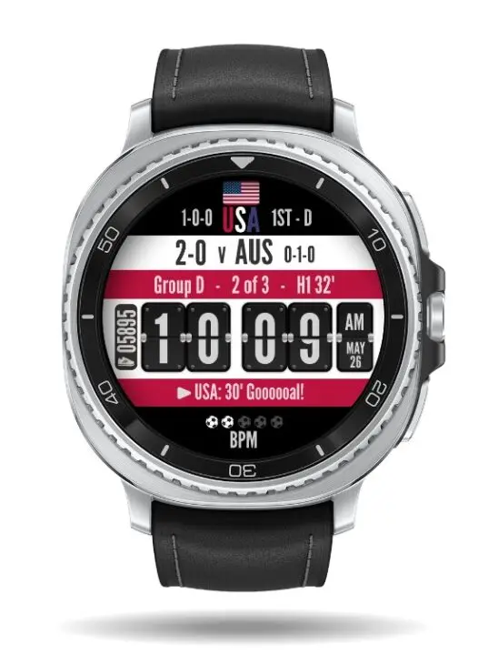 The Facer Kick It watch face displaying live World Cup match scores