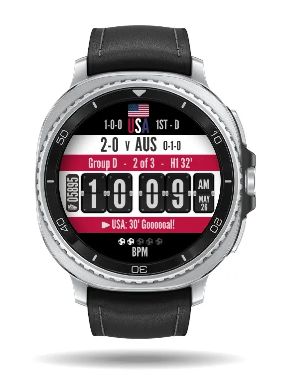 The Facer Kick It watch face displaying live World Cup match scores