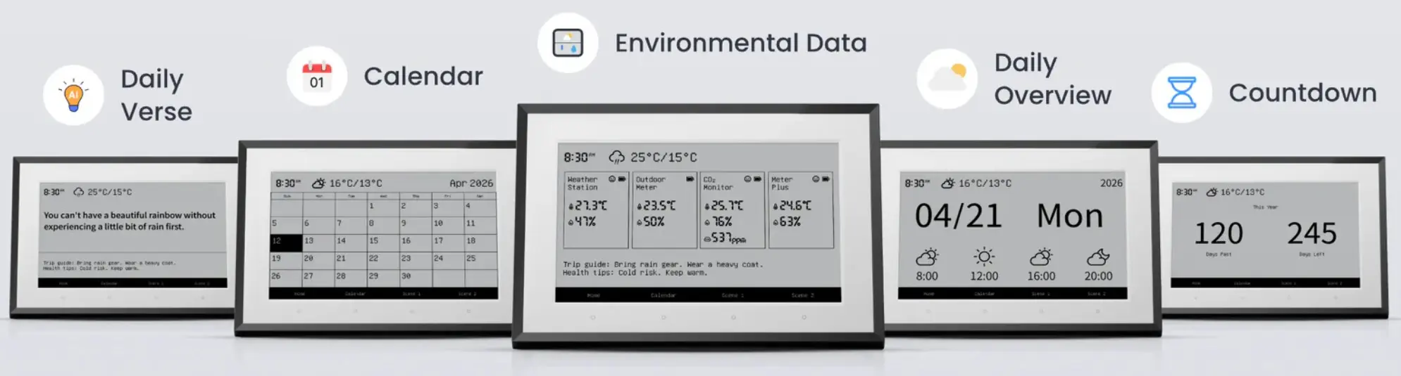 The SwitchBot offers motivational daily quotes, family calendar with alarms, current atmospheric data, weather forecast, and timer. (Photo: SwitchBot)